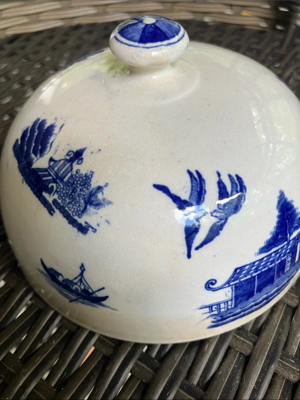 Antique Blue Willow Pagoda Butter Dish cover only stained no chips